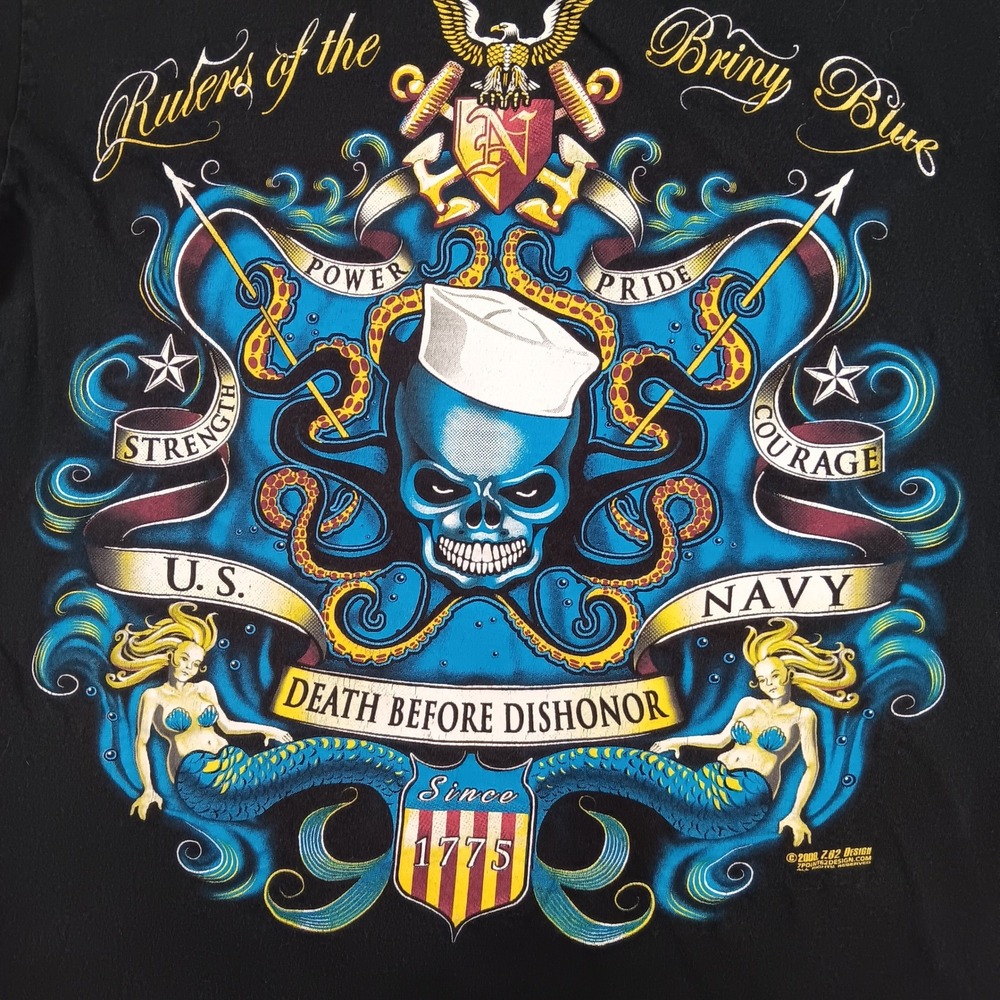 7.62 Design T-Shirt U.S.‎ Navy Skull Mermaid Mens MD Black Graphic Tee 2008